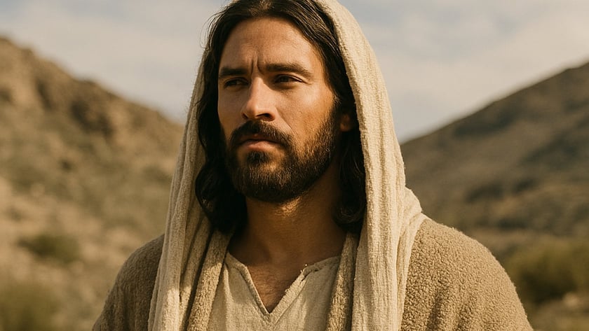 Homem de barba e cabelo longo, com capuz claro e manto bege, em paisagem montanhosa.