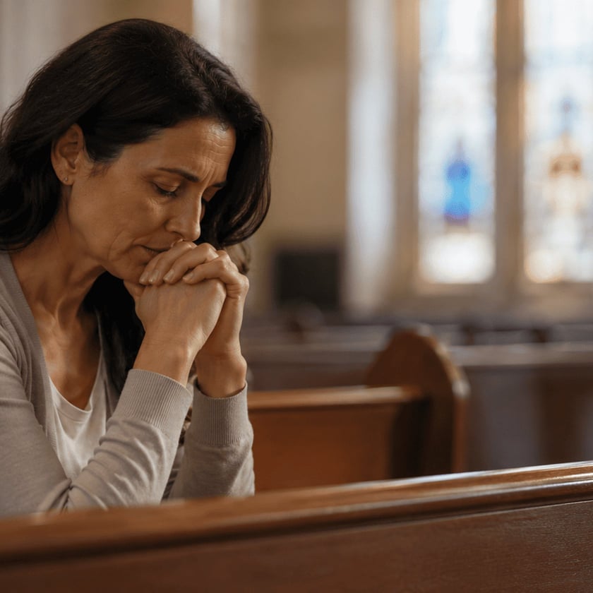Mulher de cabelo escuro, com as mãos unidas junto ao rosto, reza sentada num banco de igreja.