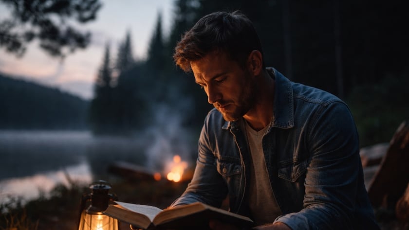 Homem de camisa jeans lê um livro ao lado de uma lanterna acesa, perto de um lago.