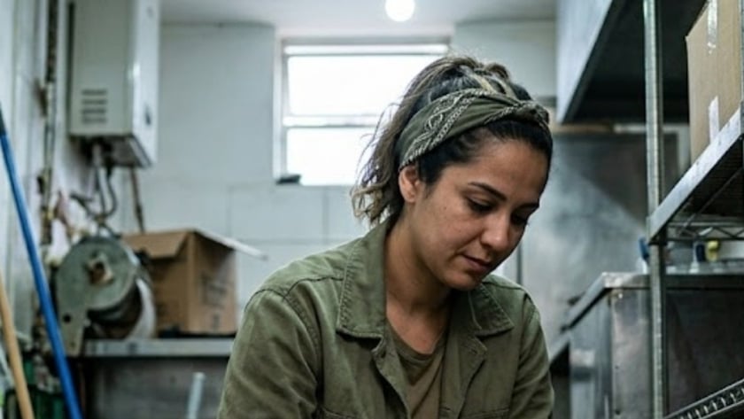Mulher de jaqueta verde e bandana limpa um objeto com pano em depósito de limpeza.