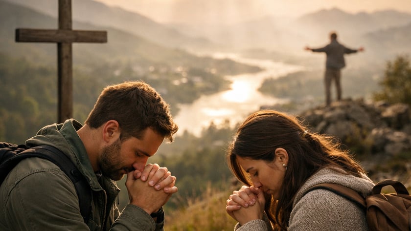 Homem e mulher com mochilas rezam de mãos juntas perto de uma cruz de madeira no alto de um morro.