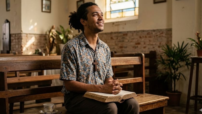 Homem sentado em um banco de igreja, com uma Bíblia aberta no colo e as mãos unidas.