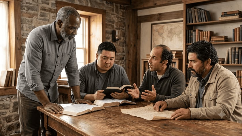 Quatro homens conversam em torno de uma mesa de madeira com Bíblias e um pergaminho.