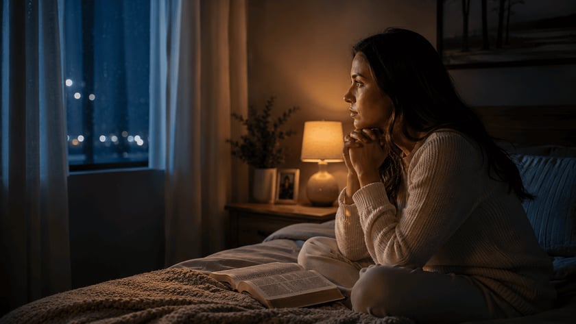 Mulher sentada na cama, de mãos juntas, olha pela janela; há uma Bíblia aberta.