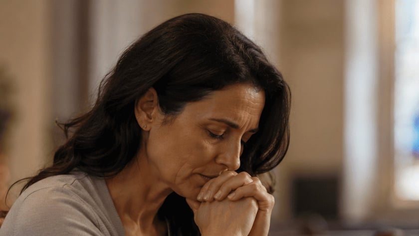 Mulher de cabelo escuro, com as mãos unidas junto ao rosto, reza sentada num banco de igreja.