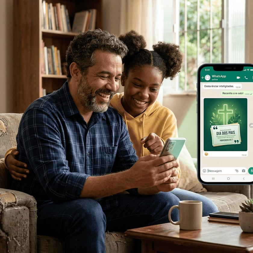 Homem e menina sorriem olhando um celular; na tela, mensagem "Dia dos Pais".