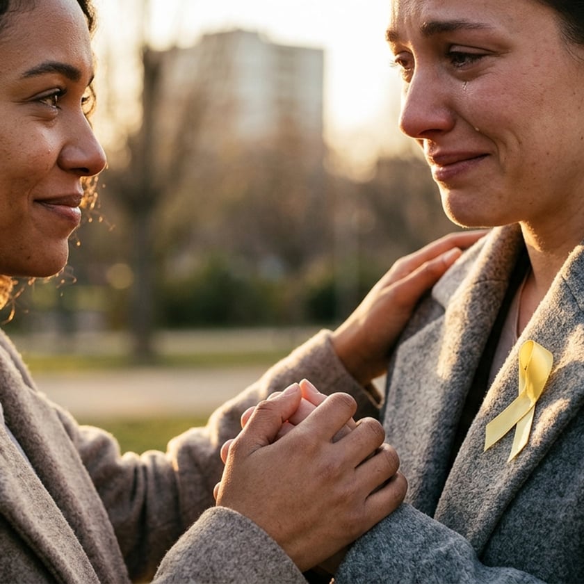 Duas mulheres de casaco se olham em um parque, de mãos dadas; uma chora.