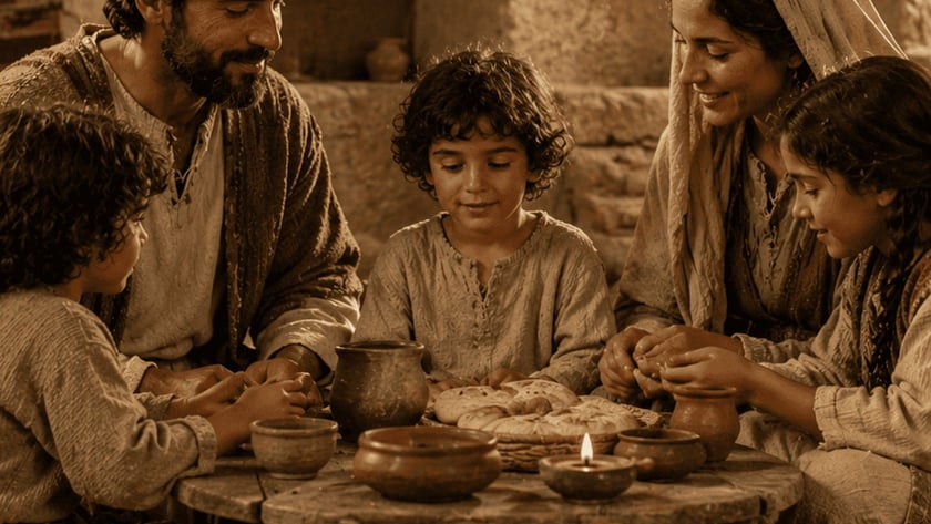 Família com pai, mãe, menino e menina sentados ao redor de uma mesa baixa com pães.