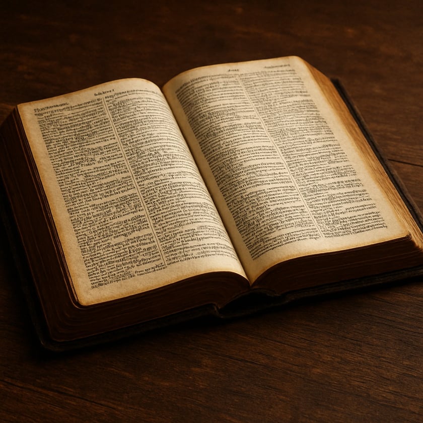 Livro antigo aberto sobre uma mesa de madeira escura, com páginas de texto em duas colunas.
