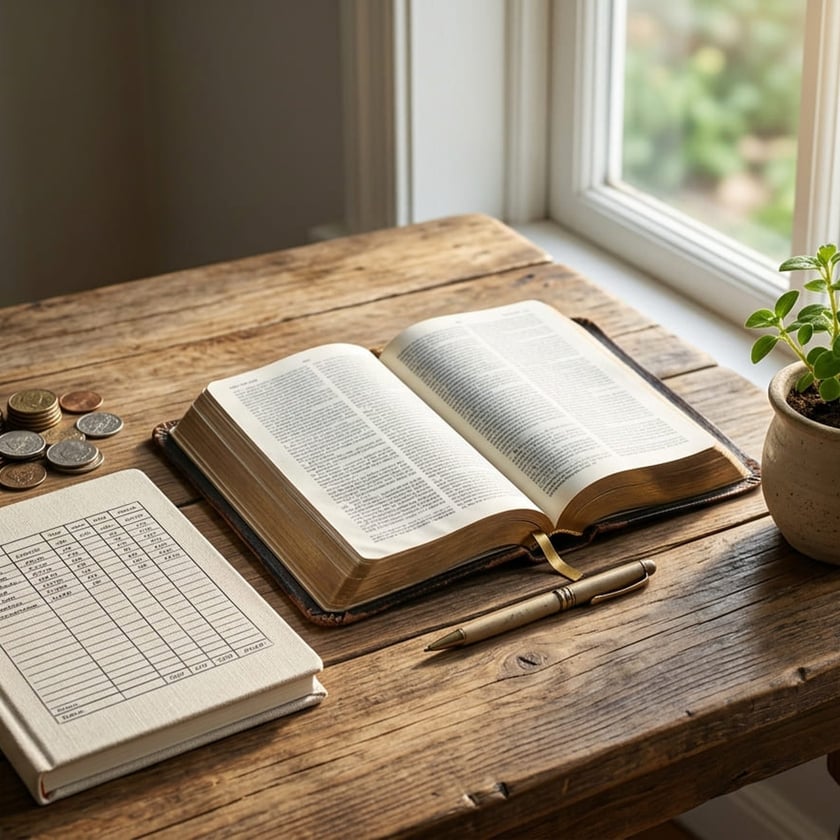 Bíblia aberta sobre mesa de madeira, ao lado de caderno de contas, moedas, caneta e vaso com planta.