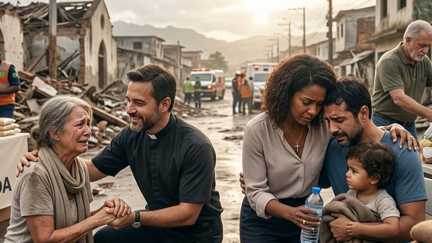 Padre ajoelhado segura as mãos de idosa; casal abraça menino em rua destruída com doações.