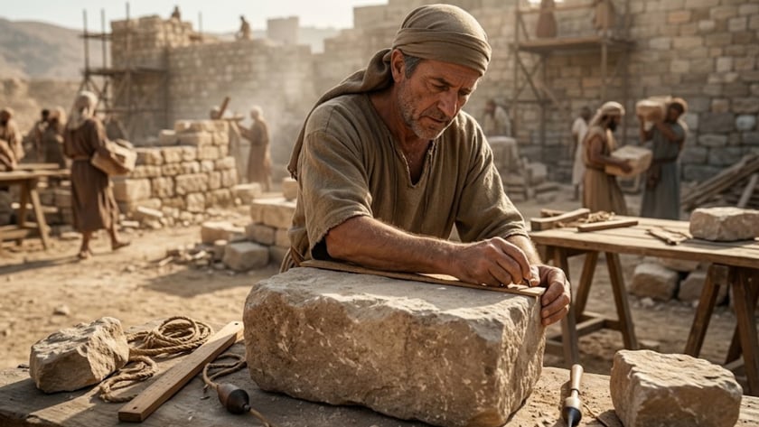 Pedreiro de turbante marca uma grande pedra com régua, em obra de muralha antiga.