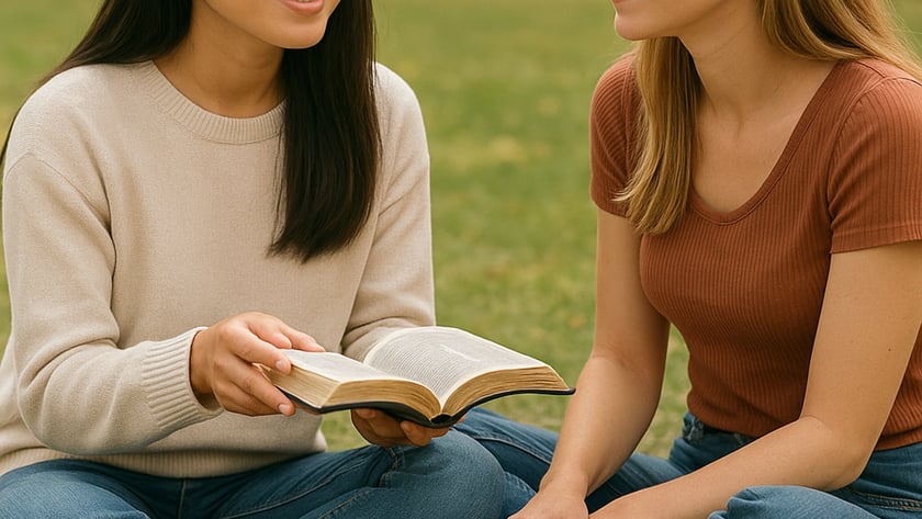 Duas mulheres sentadas na grama de um parque conversam, uma segurando uma Bíblia aberta.