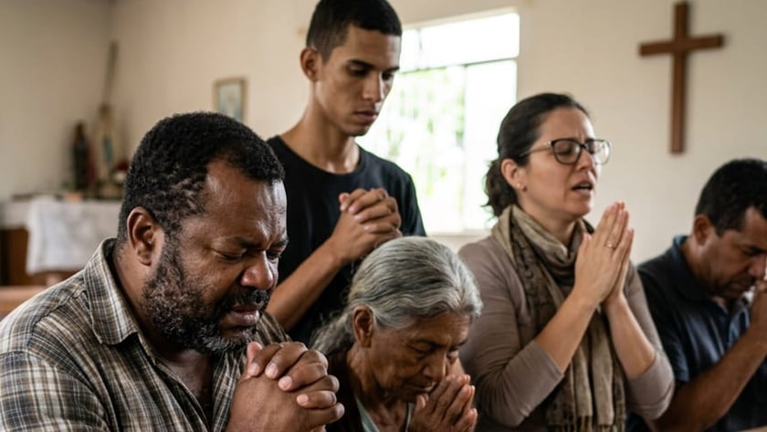 Cinco pessoas rezam de mãos postas em uma capela com cruz de madeira na parede.