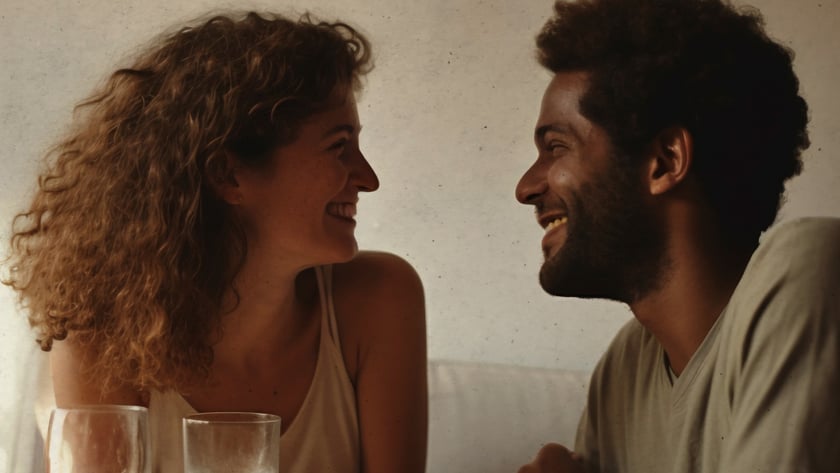Mulher de cabelo cacheado e homem de barba sorriem um para o outro à mesa com pizza.