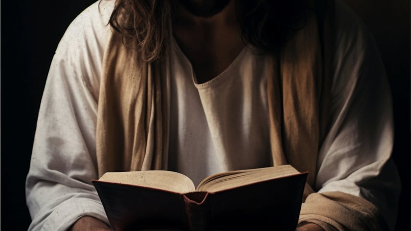 Homem de cabelo comprido e barba, com túnica branca, lê um livro aberto.