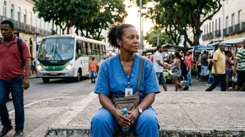 Mulher de uniforme azul hospitalar sentada na calçada de uma rua movimentada