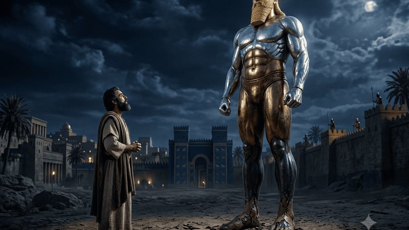 Homem barbado olha para uma estátua gigante de metal diante de uma cidade antiga murada à noite.