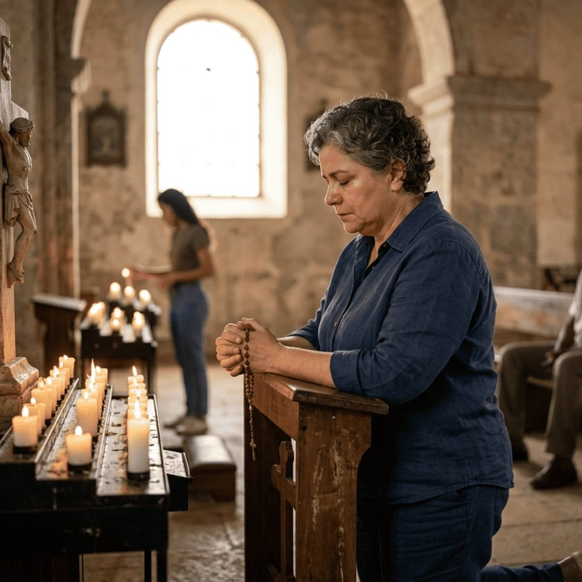 Mulher ajoelhada reza com um terço diante de velas e um crucifixo em uma igreja antiga.
