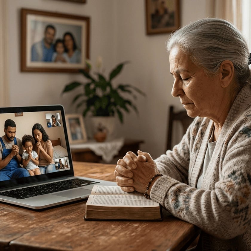 Idosa de mãos postas sobre uma Bíblia reza diante de um notebook com videochamada de família.