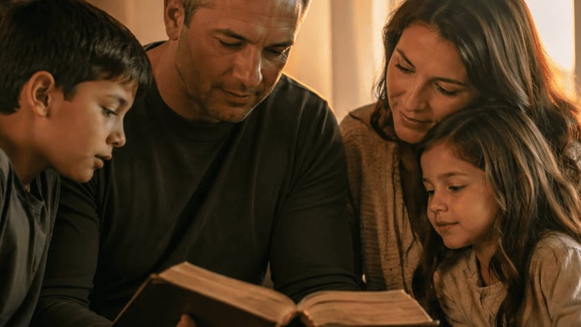 Homem, mulher e menina sentados no sofá, lendo juntos um livro grande aberto.
