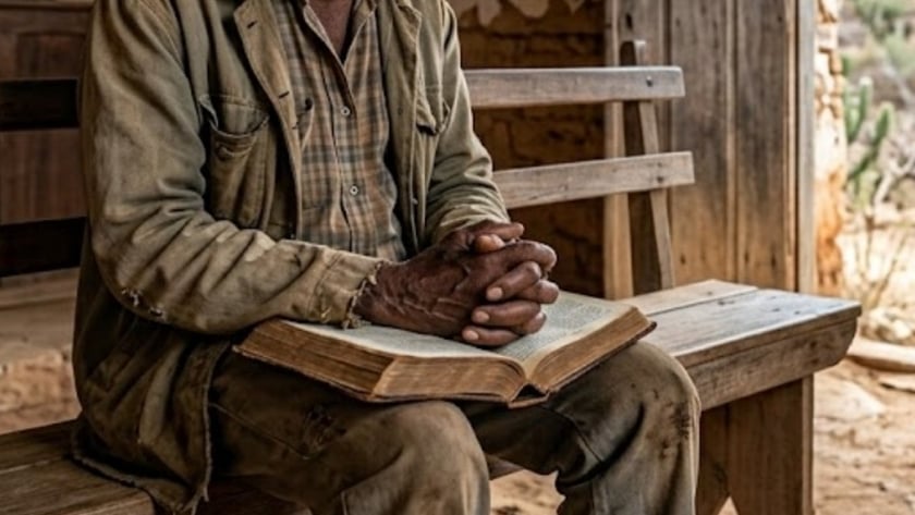 Homem idoso sentado num banco de madeira, com as mãos sobre uma Bíblia aberta.