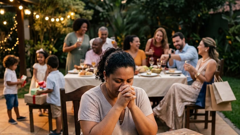 Mulher de mãos juntas e olhos fechados à mesa, enquanto família festeja ao fundo.