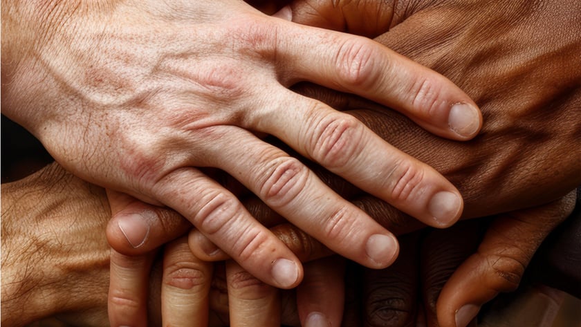 Várias mãos de tons de pele diferentes empilhadas e sobrepostas umas sobre as outras.