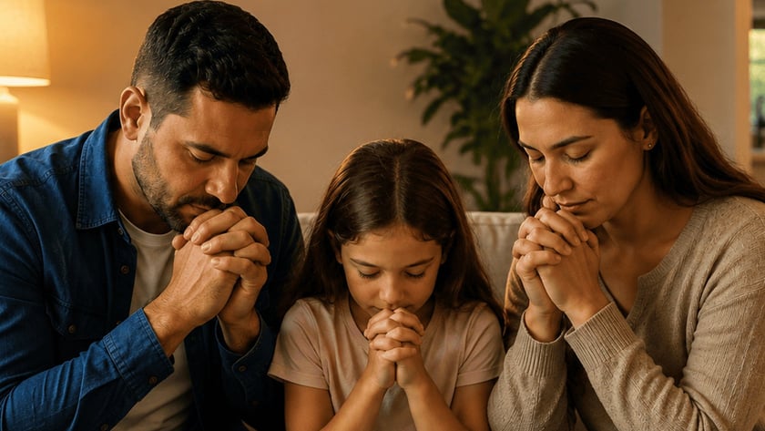 Homem, menina e mulher sentados no sofá de uma sala, de olhos fechados e mãos unidas.