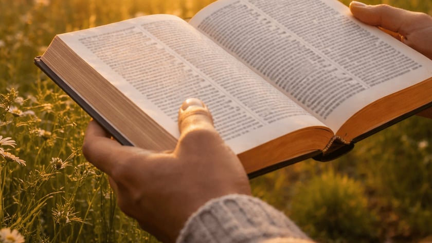 Pessoa segura um livro aberto em um campo de flores silvestres ao pôr do sol.