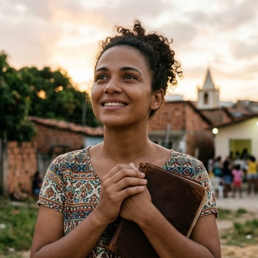 Mulher sorrindo olha para o alto, segurando um livro de capa marrom, em um bairro simples.