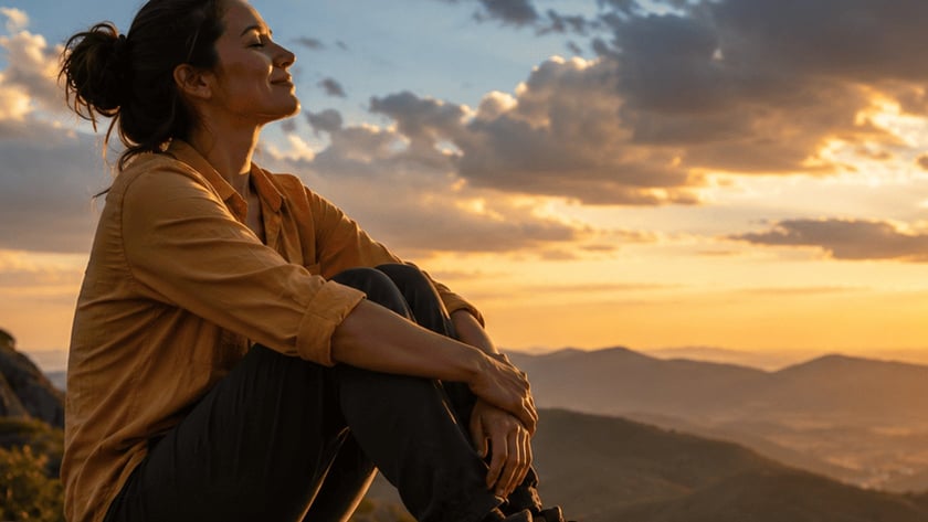 Pessoa de botas e calça escura sentada numa rocha, de frente para montanhas ao pôr do sol.