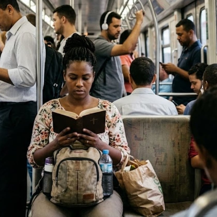 Mulher sentada em vagão de metrô lotado lê uma Bíblia, com mochila no colo.