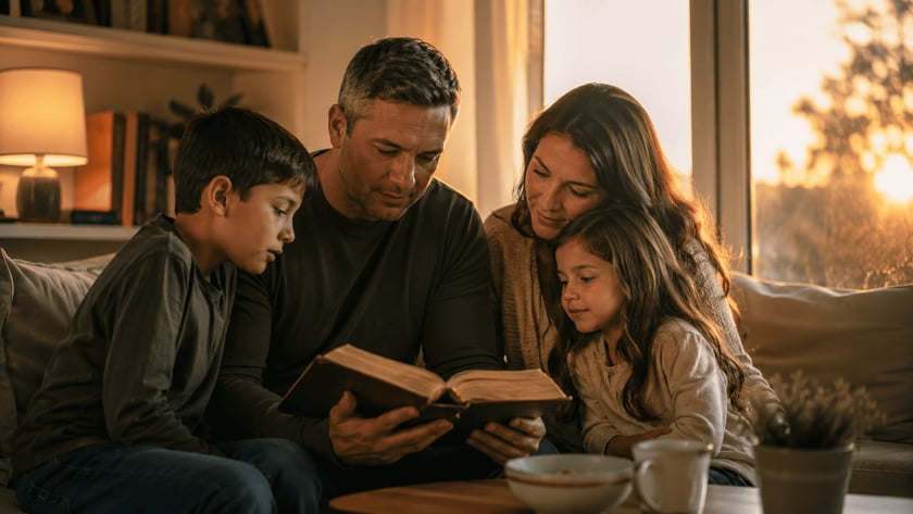 Homem, mulher e menina sentados no sofá, lendo juntos um livro grande aberto.