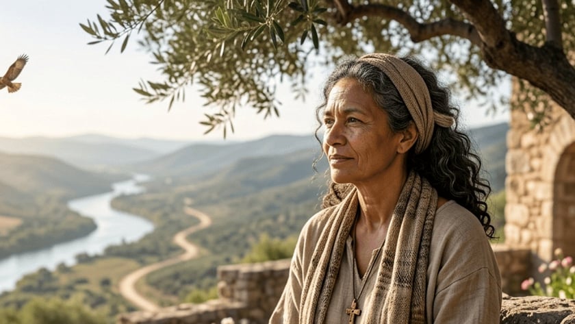 Mulher de meia-idade sentada num banco de pedra com uma Bíblia aberta, diante de um vale.