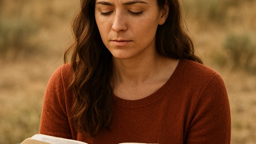 Mulher de cabelo castanho e suéter vermelho segura um livro aberto ao ar livre.