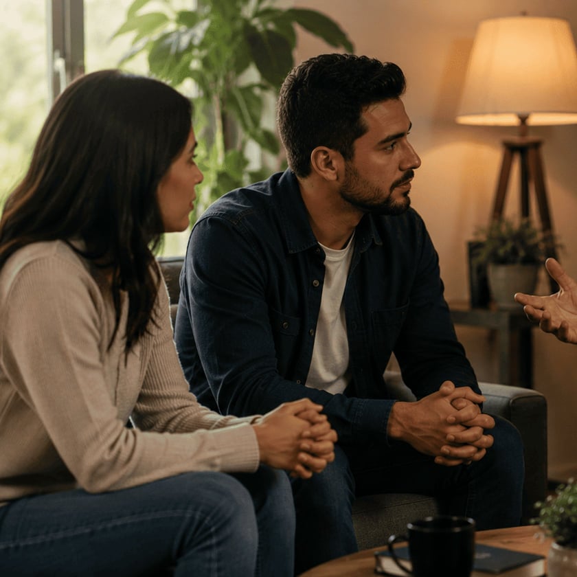 Casal sentado no sofá conversa com uma pessoa fora do quadro, em sala com plantas.
