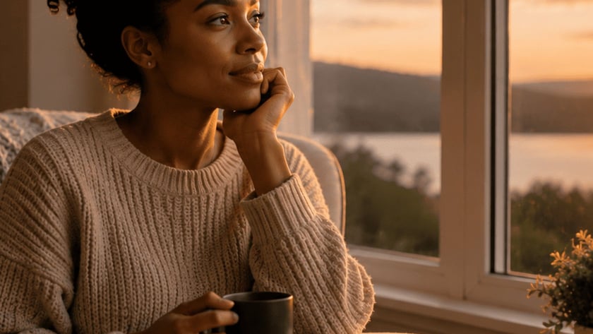 Mulher de suéter numa poltrona, com caneca e livro aberto, olha o pôr do sol no lago.