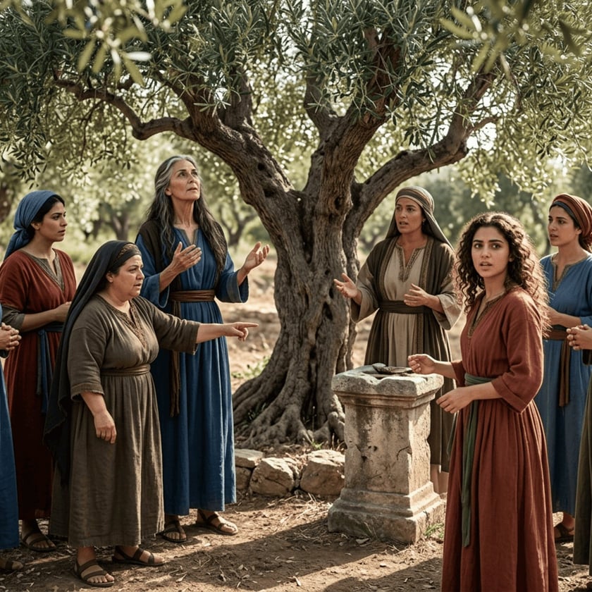 Seis mulheres de túnicas antigas conversam e gesticulam sob uma oliveira