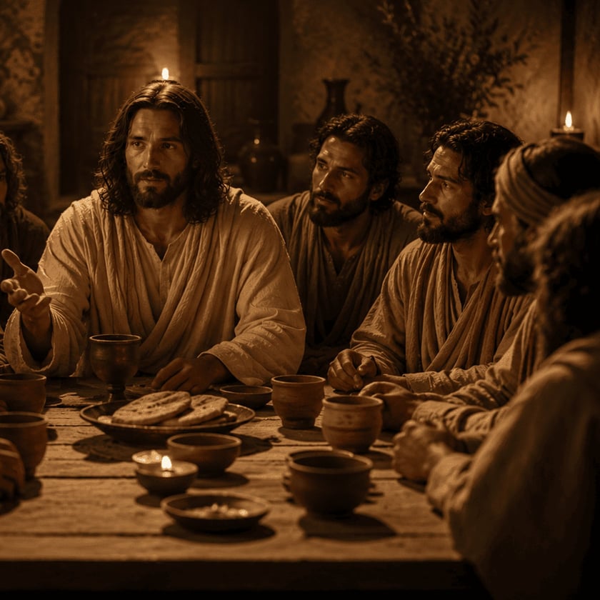 Homens de túnica sentados ao redor de uma mesa de madeira com pães e taças, à luz de velas.