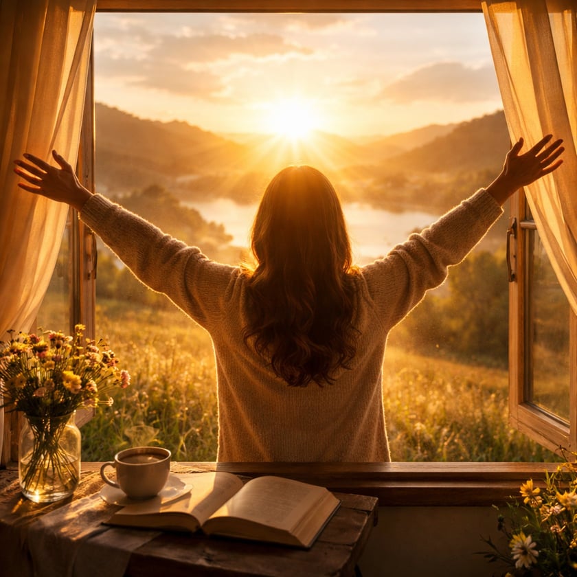 Mulher de costas, com os braços abertos diante de uma janela, olha o nascer do sol.