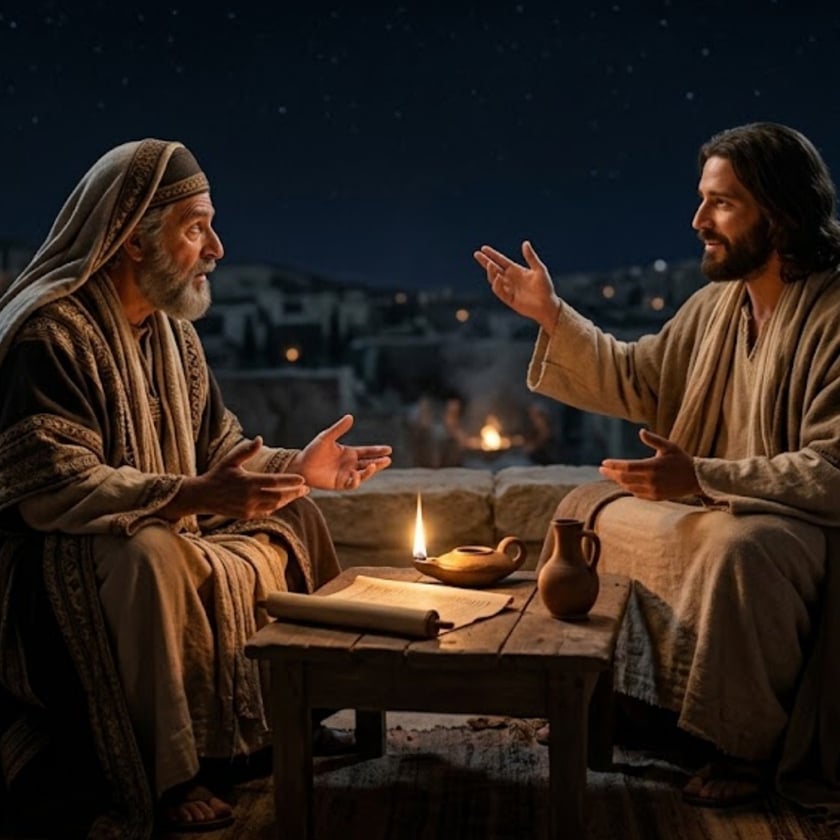 Dois homens de túnica conversam gesticulando à noite