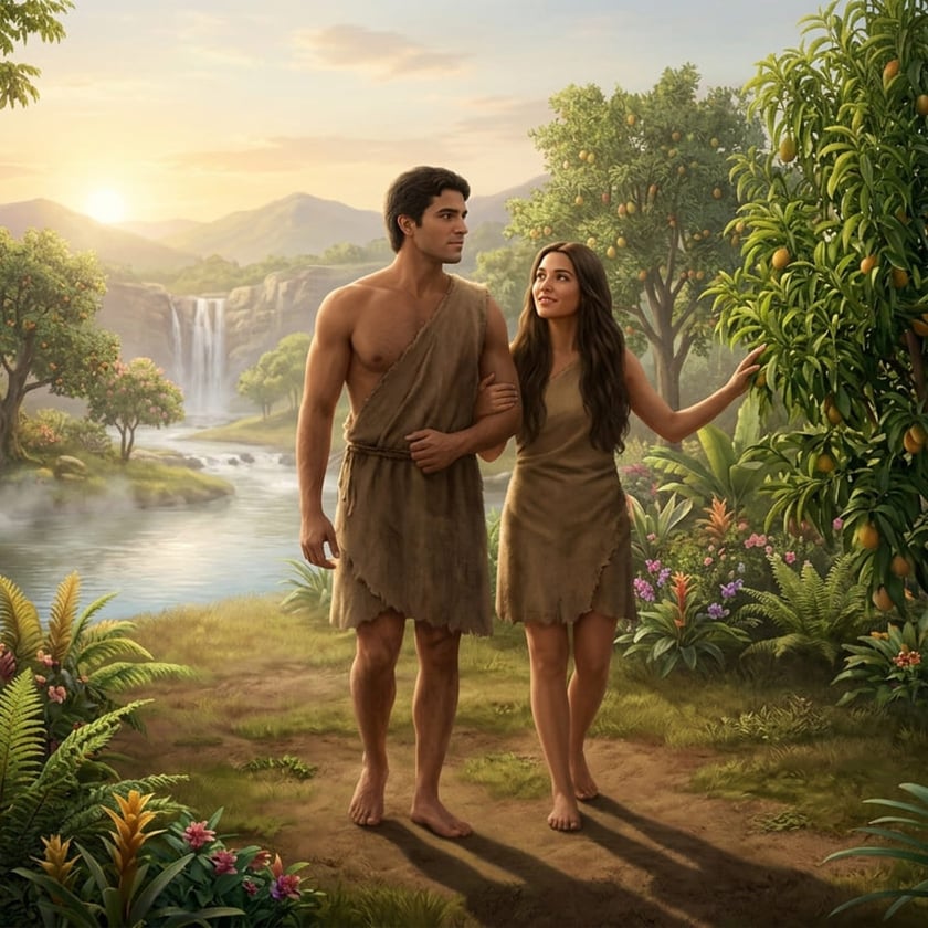 Homem e mulher de túnicas rústicas caminham de braços dados num jardim com cachoeira.
