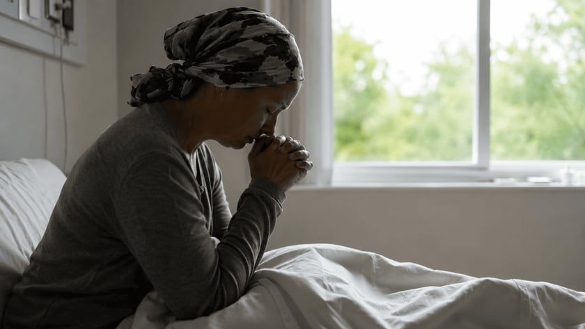 Mulher de lenço na cabeça, sentada na cama, com as mãos unidas junto ao rosto.