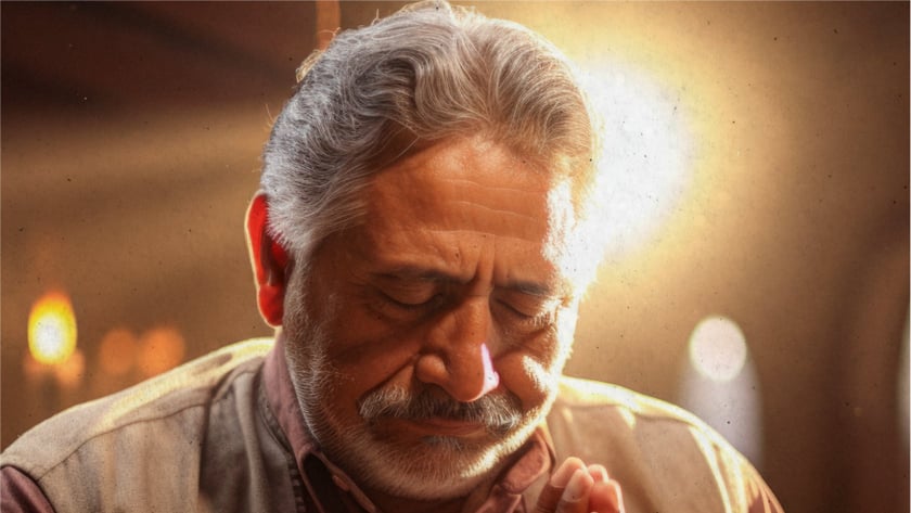 Homem idoso de cabelos grisalhos e barba, de olhos fechados, com as mãos postas.