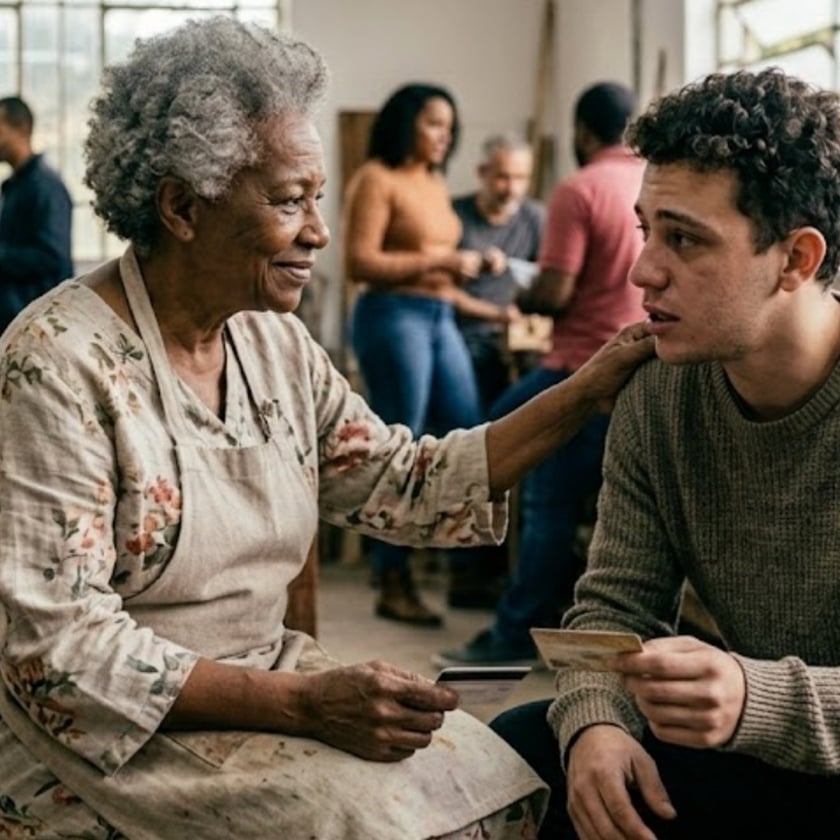 Idosa de avental toca o ombro de um jovem que segura um cartão.