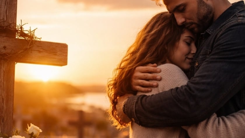 Homem e mulher abraçados ao lado de uma cruz de madeira com rosas brancas.