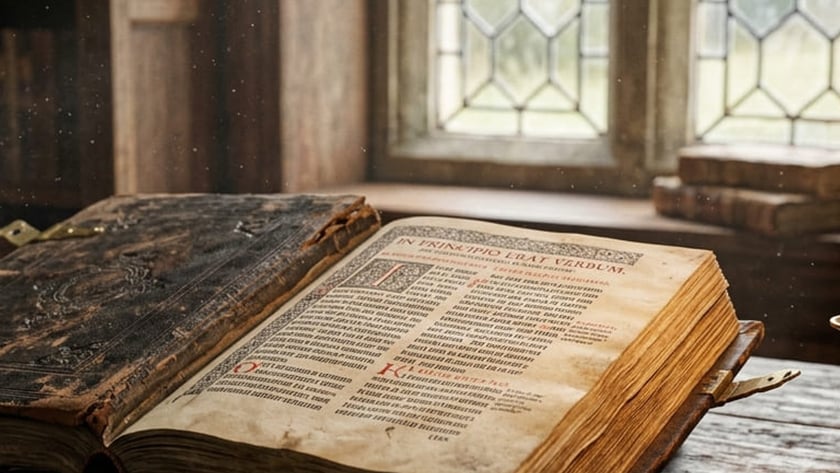 Livro antigo aberto ao lado de uma vela acesa, sob janela de vitral: "In principio erat verbum".