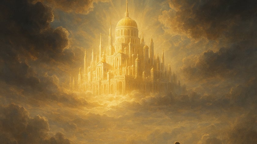 Figura de manto em um penhasco contempla um palácio dourado com cúpula sobre as nuvens.