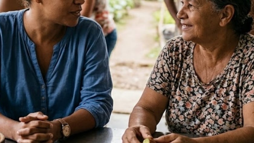 Mulher de blusa azul sentada à mesa numa cozinha aberta, com outras mulheres ao fundo.